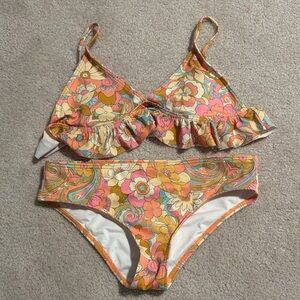 BILLABONG Floral Ruffle Bikini Set in Peach, Pink & Yellow